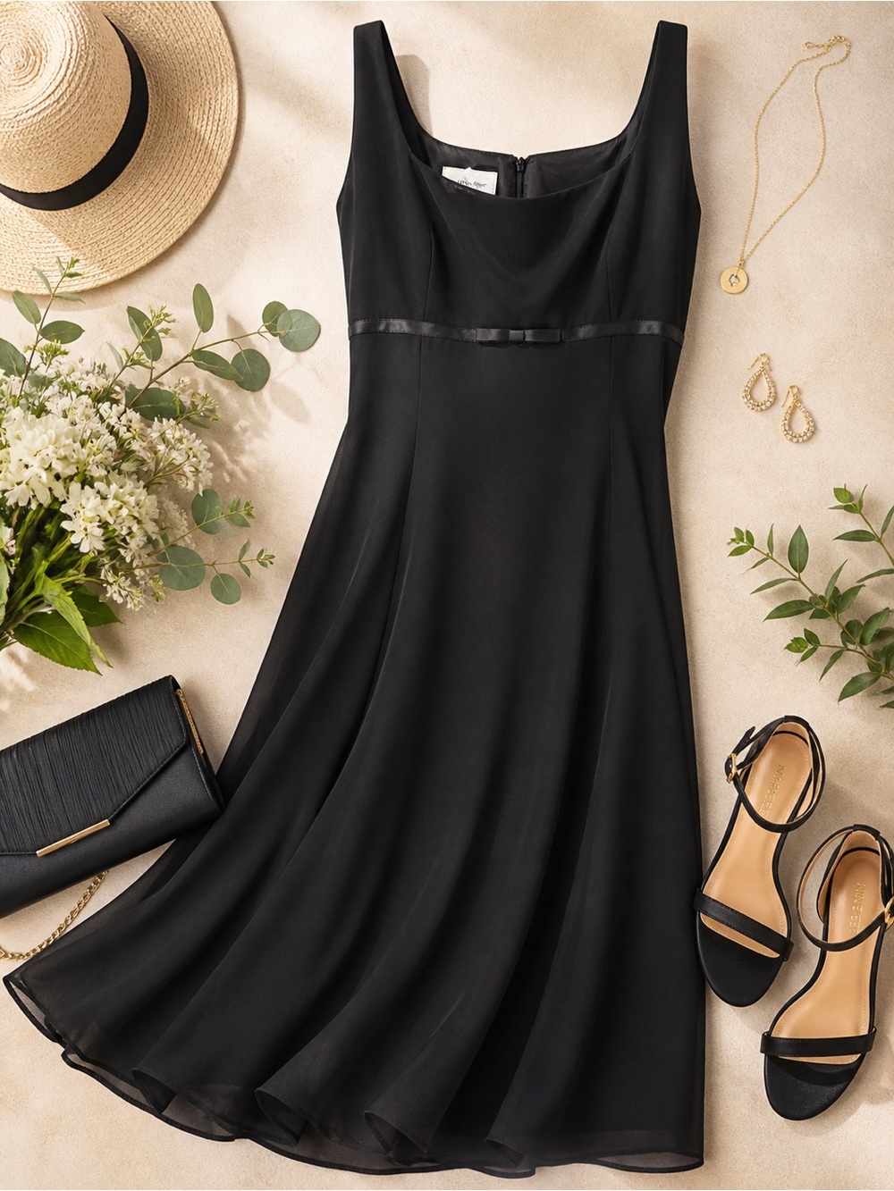 London times classic black midi dress flowy size 10 bow detail. EUC